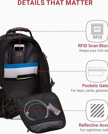 SwissGear 1900 ScanSmart 17” Laptop Backpack White/Black – Reflective Tech Backpack with ScanSmart Compartment – Multiple Organizer Pockets & RFID Scan Blocking Technology