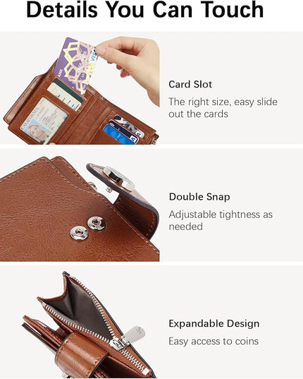 BOSTANTEN Women Leather Wallet Small RFID Blocking Bifold Zipper Pocket Wallet Card Case with ID Window Brown
