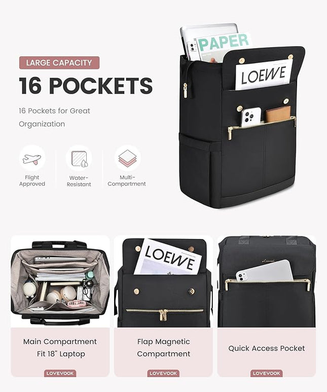 LOVEVOOK 18 Inch Laptop Backpack for Women, Large Capacity Travel Backpack with Organizer Bag, Waterproof Carry on Backpack Purse Work Bag with USB Port for College Teacher Nurse, 2PCS