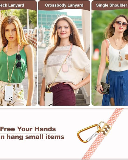 Crossbody Phone Lanyard, Adjustable Multicolor Braided Phone Strap and Phone Chain Strap Combination, Sturdy Metal Buckle and 360° Rotatable Phone Tether Tab, Pink White