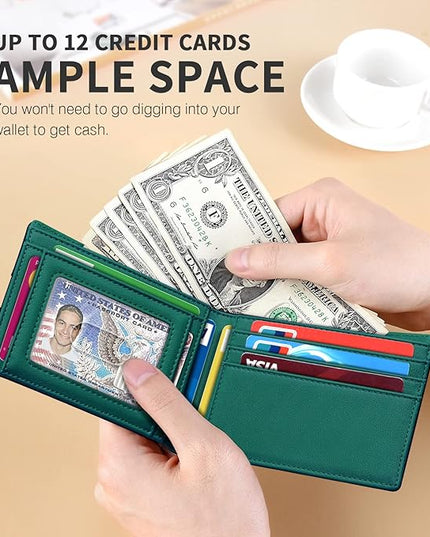 RUNBOX Wallet for Men Slim 11 Credit Card Holder Slots Leather RFID Blocking Small Thin Men's Wallet Bifold Minimalist Front Pocket Large Capacity Gift Box
