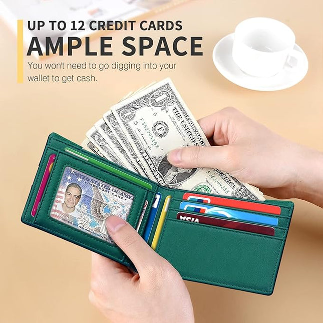RUNBOX Wallet for Men Slim 11 Credit Card Holder Slots Leather RFID Blocking Small Thin Men's Wallet Bifold Minimalist Front Pocket Large Capacity Gift Box