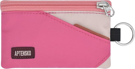 RFID Travel Wallet with Adjustable Lanyard-Zipper Small Wallet with ID Card Holder, Keychain for women&men-Minimalist Slim Waterproof Nylon case for ID, Cash, Key (Pink+Almond)