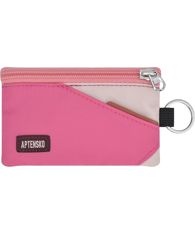 RFID Travel Wallet with Adjustable Lanyard-Zipper Small Wallet with ID Card Holder, Keychain for women&men-Minimalist Slim Waterproof Nylon case for ID, Cash, Key (Pink+Almond)