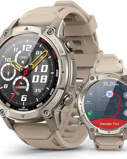 Smart Watch for Men, with GPS, Offline Maps, Heart Rate, Blood Oxygen, Stress, Sleep Monitor, 178 Sports Modes, 5ATM Waterproof Round Watch, 1.43-inch AMOLED Display, Compatible Android and iOS Khaki