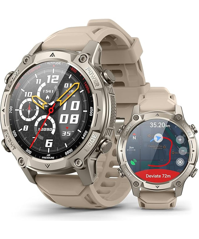 Smart Watch for Men, with GPS, Offline Maps, Heart Rate, Blood Oxygen, Stress, Sleep Monitor, 178 Sports Modes, 5ATM Waterproof Round Watch, 1.43-inch AMOLED Display, Compatible Android and iOS Khaki