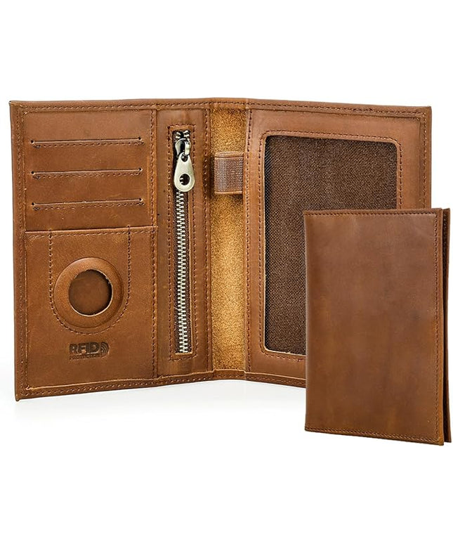 CONTACTS Full Grain Leather Passport Holder RFID Blocking Travel Passport Wallet Compatible with Airtag Passport Cover Case with 4 Cards Slots, Coin Pocket (Brown)