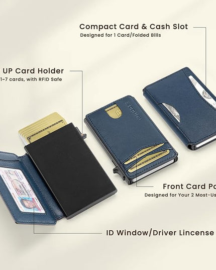 RUNBOX Slim Card Wallet for Men with ID Window – Minimalist RFID Wallet, Pop-Up Function, Ultra Thin Design, Metal Business Card Case Holds 8+ Cards, Gifts for Men, Men's Accessories