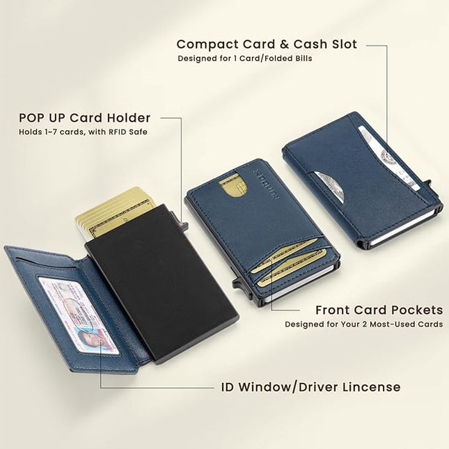 RUNBOX Slim Card Wallet for Men with ID Window – Minimalist RFID Wallet, Pop-Up Function, Ultra Thin Design, Metal Business Card Case Holds 8+ Cards, Gifts for Men, Men's Accessories