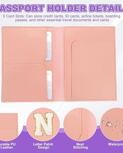 PATIKIL Passport Holder for Travel, Initial Passport Cover and Luggage Tag Set with Alphabet Chenille Letter Patch Travel Wallet Bag Suitcase Identifier for Women Family Travel Pink N