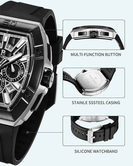 Paras Crown Watches for Men Tonneau 5ATM Waterproof Quartz Luxury Chronograph Analog Men's Wrist Watches Stainless Steel Case Mens Watches