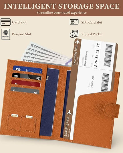 Genuine Leather Passport Holder for Women Men, Hidden Airtag Pocket, RFID Blocking, Zippered Coins Pocket & Cash Compartment Travel Gifts Essentials Passport Cover Case - Yellowish-brown