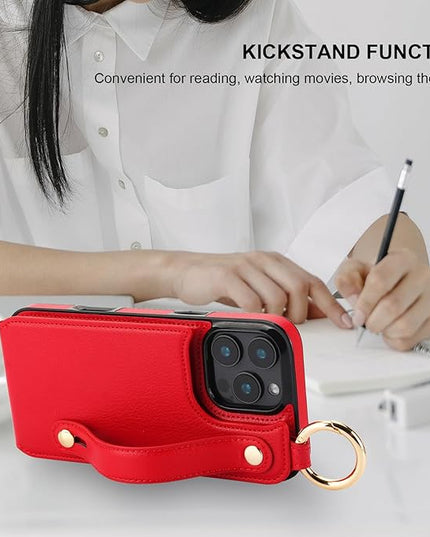 Folosu for iPhone 16 Pro Max Wallet Case with Card Holder, Hand Wrist Strap Loop Holder Kickstand, RFID Blocking Finger Grip Ring PU Leather Double Buttons Shockproof Cover 6.9" Red