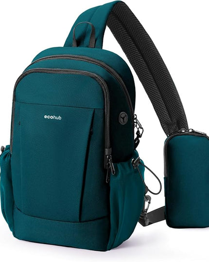 ECOHUB Anti-Theft Crossbody Bag Men Women, RFID Blocking Lightweight Sling Backpack Eco-Friendly with 9 Pockets Sturdy SBS Zippers Water Resistant for Travel Work Hiking Outdoor, Turquoise