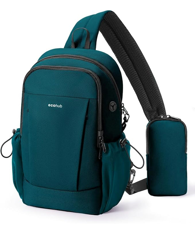 ECOHUB Anti-Theft Crossbody Bag Men Women, RFID Blocking Lightweight Sling Backpack Eco-Friendly with 9 Pockets Sturdy SBS Zippers Water Resistant for Travel Work Hiking Outdoor, Turquoise
