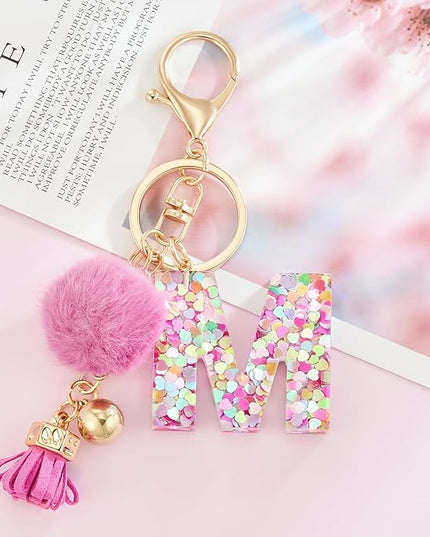 Resin Alphabet Initial Letter Keychain Keyring for Women Purse Handbags With Fur Ball Pom