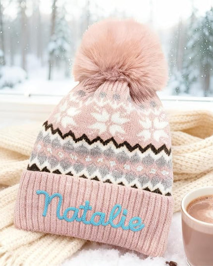 Personalized Beanie for Women Custom Knit with Name, Winter Hat with Pom Pom, Soft Lined Warm Hat, Birthday Gift