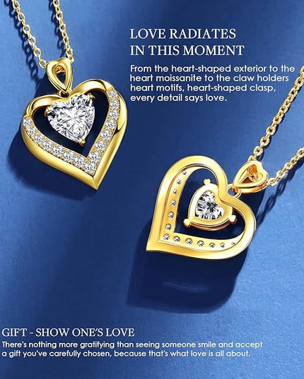 Beam & Bask 2-3 Ct Moissanite Double Heart Pendant Necklaces for Wife, 18K Gold Plated S925 Silver Jewelry for Women Girlfriend Mom Her on Anniversary Birthday