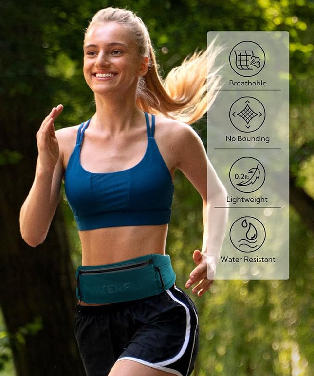 WATERFLY Running Belt Fanny Pack: Breathable 3 Pocket Waist Bag for Men Women Workout Exercise Fitness Phone Holder Fits All Phones - Runner Marathon Jogging Race Belt with Bib Clip Green