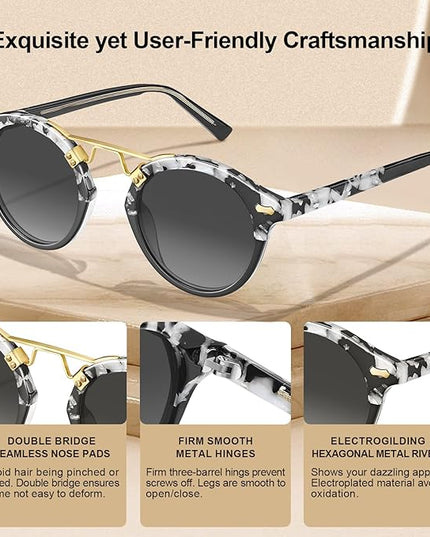 CARFIA Small Face Acetate Polarized Sunglasses for Women UV Protection, Retro Double Bridge Eyewears Metal Brow Round Sunnies