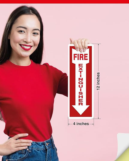 OLANZU Pack of 100 Fire Extinguisher Stickers 4"x 12"- 5 Mil Vinyl - Fire Extinguisher Sign for business with Arrow- Durable Self Adhesive, Weatherproof and UV Protected-Ideal for Office, Home and Outdoor places