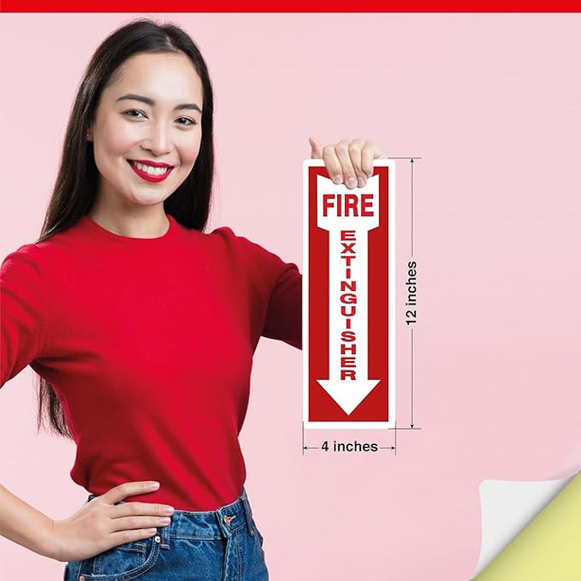 OLANZU Pack of 100 Fire Extinguisher Stickers 4"x 12"- 5 Mil Vinyl - Fire Extinguisher Sign for business with Arrow- Durable Self Adhesive, Weatherproof and UV Protected-Ideal for Office, Home and Outdoor places
