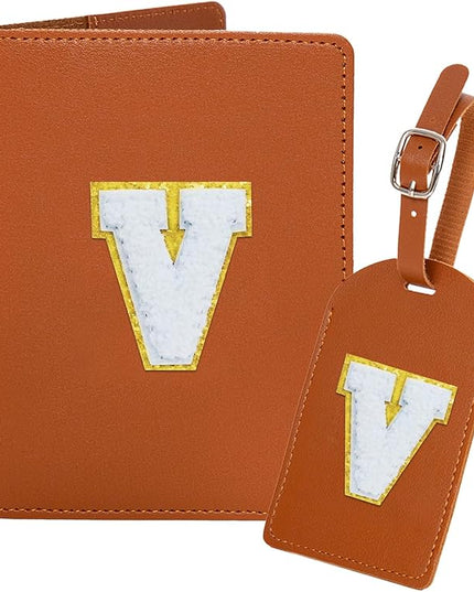ULICO Initial Passport Cover and Luggage Tag Set,PU Leather Letter Passport Case Holder Travel Suitcase Tag, Personalized Travel Luggage Accessories Gifts for Women Kids Teenage Brown V