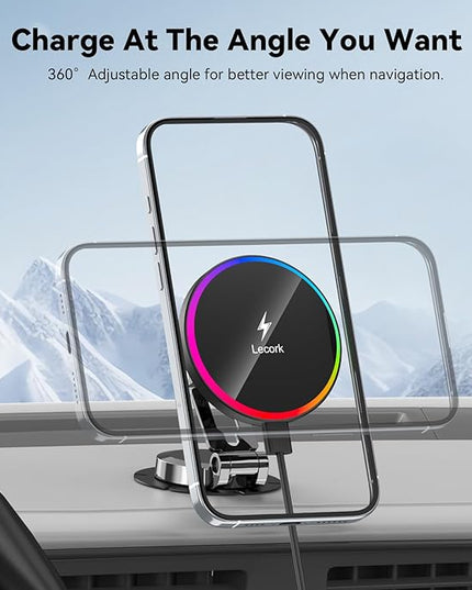 Lecork for Magsafe Car Mount Charger, 15W Magnetic Wireles Car Charger for iPhone 12 13 14 15 16 Series, Stick On Dashboard Phone Holder Mount for Samsung S25 Series, Zinc Alloy Shell, Black