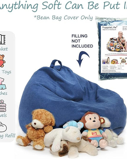 YuppieLife Stuffed Animals Bean Bag Chair Cover Candy-Colored Bean Bag(Just Cover, No Filling)/Large Stuff 'n Sit Organization/Toy Storage Bag/Kids Toys Organizer（27'',Navy Blue)