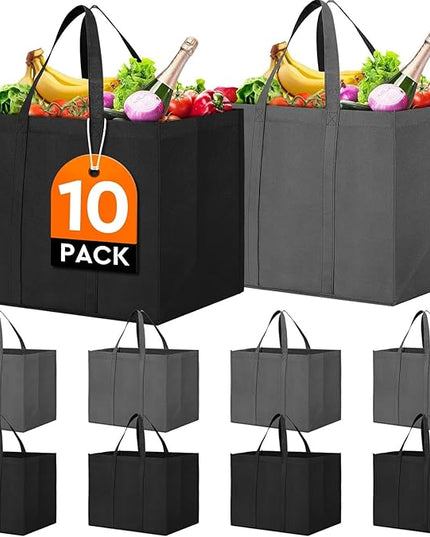 WISELIFE Reusable Grocery Shopping Bags 10 Pack Large Foldable Tote Bags Bulk, Long Handle for Shopping Groceries Clothes (Dark Grey & Black)