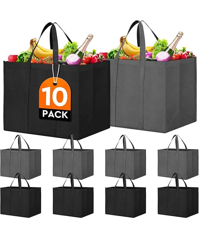 WISELIFE Reusable Grocery Shopping Bags 10 Pack Large Foldable Tote Bags Bulk, Long Handle for Shopping Groceries Clothes (Dark Grey & Black)