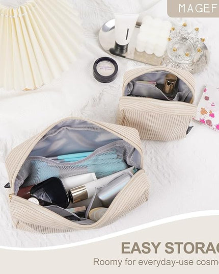 MAGEFY Small Makeup Bag for Purse Mini Cosmetics Bag Corduroy Cute Cosmetic Pouch for Women with Slip-in Pockets