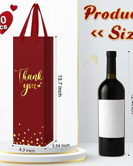 Ctosree 30 Pcs Wine Bottle Gift Bag with Handle 4.3x3.5x13.7 Liquor Paper Bag for Thank You Favor Gold Foil Kraft Whiskey Tote Carrier for Wedding Birthday Bridal Valentine's day Party(Burgundy)