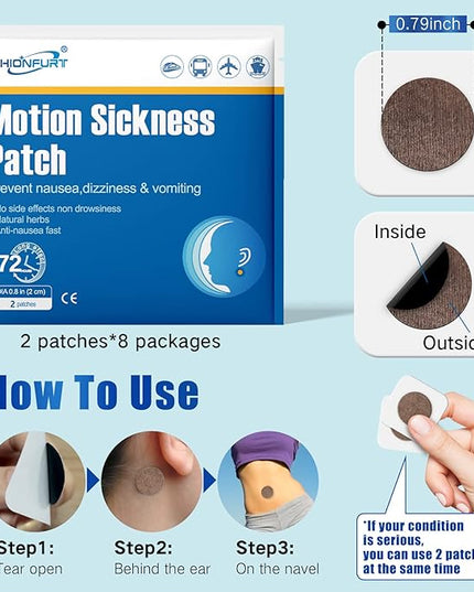 16ct Motion Sickness Patches – Sea Sickness Patches for Cruise, Car, Airplane, and Other Travel – Non-Drowsy, Effective, Lasts 72 Hours