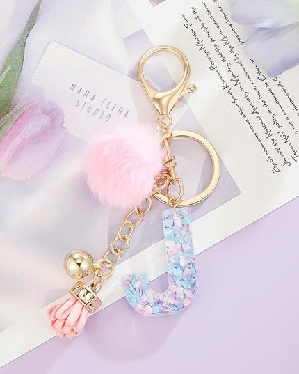 Resin Alphabet Initial Letter Keychain Keyring for Women Purse Handbags With Fur Ball Pom