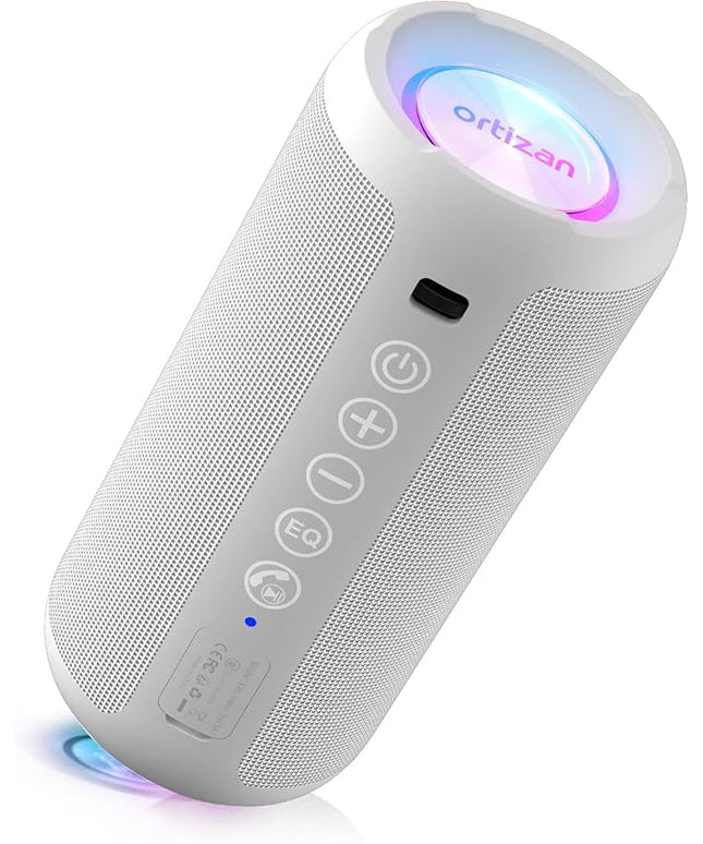Ortizan Portable Bluetooth Speaker: IPX7 Waterproof, 24W Loud Sound, Deep Bass, Bluetooth 5.3, LED Lights, Wireless Stereo Pairing, 30H Playtime, for Home/Outdoor/Party/Beach, Birthday Gift (White)