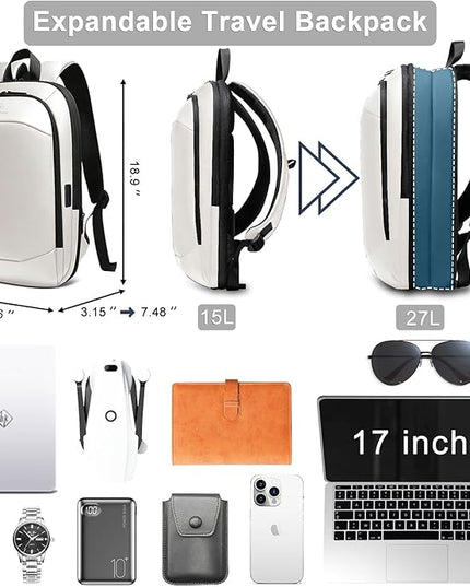 hk Business Backpack for Men 17 Inch,Slim & Expandable Waterproof Travel Laptop Backpack with USB Charger Port (White)