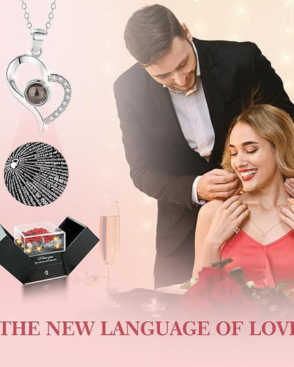 Preserved Real Roses with Heart Necklace I Love You in 100 Languages, Romantic Anniversary Christmas Valentines Day Gifts for Her Women Wife Girlfriend Mom, Forever Roses Necklace Gifts Red
