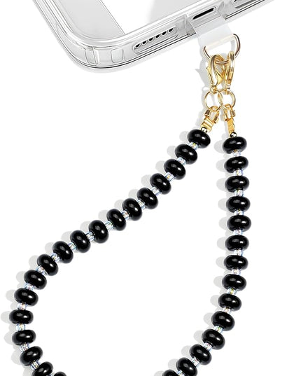 Natural Stone Beaded Phone Wrist Strap for Women – Detachable Chain Wristlet, Durable 304 Stainless Steel Core (Obsidian-Black)
