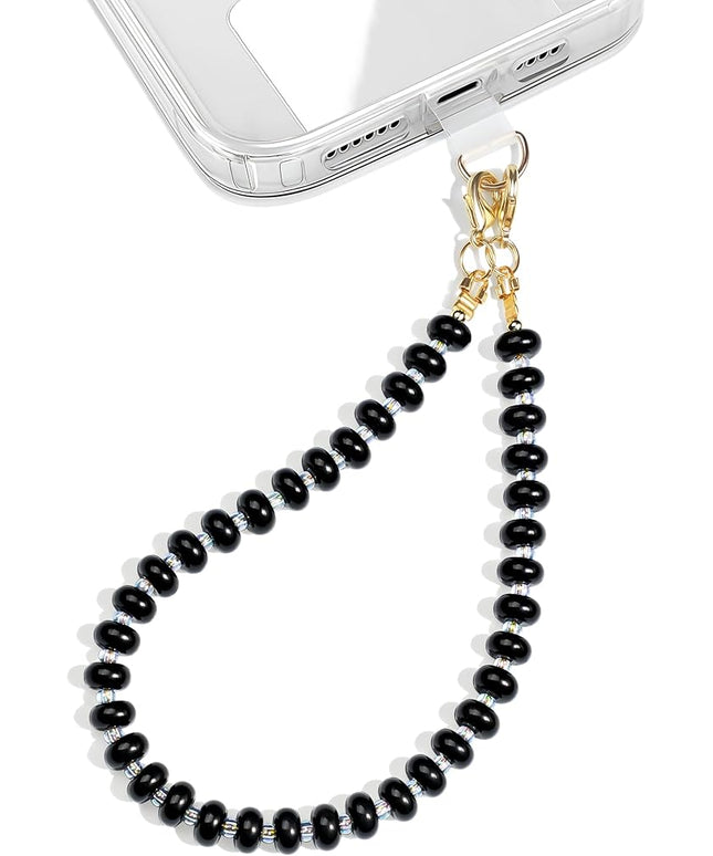 Natural Stone Beaded Phone Wrist Strap for Women – Detachable Chain Wristlet, Durable 304 Stainless Steel Core (Obsidian-Black)