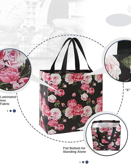 BeeGreen Flower Reusable Shopping Bags For Groceries 6 Pack- Large Foldable Tote Bags- Strong Handles for Heavy Groceries, Perfect for Supermarket, Farmers Market, and Storage Organization