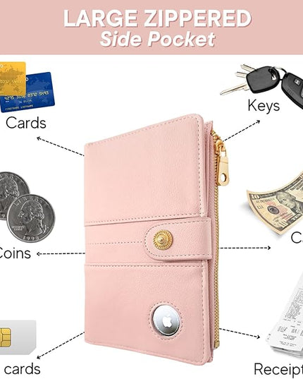 elzama Passport Holder with Airtag Slot for Travel Women, RFID Passport Wallet with Airtag Holder, Zipper Pocket Card Slots Pen Holder & Airtags Keychain (Air tag Not Included) Pink