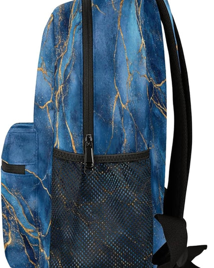 Large Backpack with 15.6 Inch Laptop Compartment, Blue Marble with Gold Veins Texture Adult Backpack for Work, Travel & School College Boys Girls