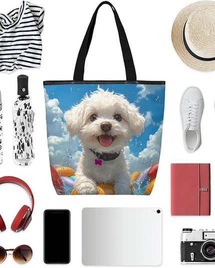 Pardick Summer Surfing Dogs Canvas Tote Bag, Eco Friendly Reusable Grocery Shopping Bags Beach Bag Book Tote Handbags Washable Shoulder Bag With Zipper Inner Pocket for Women Girls