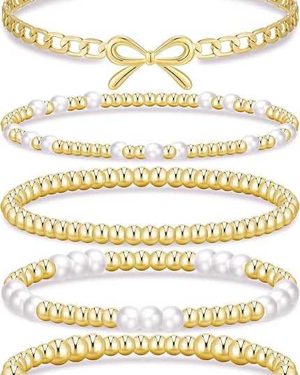 Gold Beaded Bracelets for Women, 14K Real Gold Plated Jewelry for Women Dainty Pearl Bead Bracelets Stack, Non Tarnish Trendy Stackable Ball Cross Stretch Bracelet Set Fashion Accessories Gifts