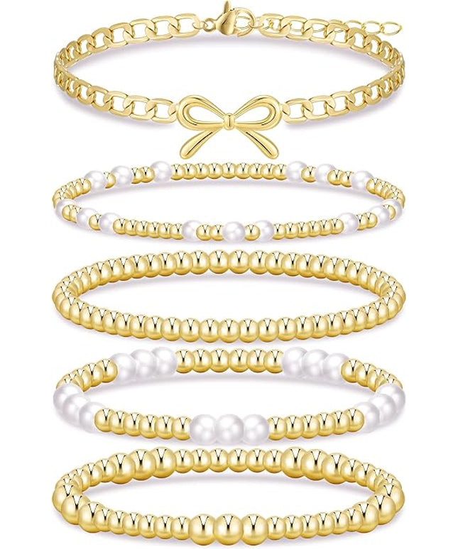 Gold Beaded Bracelets for Women, 14K Real Gold Plated Jewelry for Women Dainty Pearl Bead Bracelets Stack, Non Tarnish Trendy Stackable Ball Cross Stretch Bracelet Set Fashion Accessories Gifts