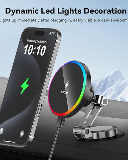 Lecork for Magsafe Car Mount Charger, 15W Magnetic Wireles Car Charger for iPhone 12 13 14 15 16 Series, Stick On Dashboard Phone Holder Mount for Samsung S25 Series, Zinc Alloy Shell, Black