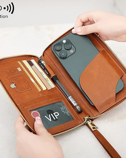 Multi-Functional RFID Passport Wallet Set, Blocking Passport Holder Travel Wallet, Holds Phones, Anti-Theft Protective Case with Multiple Card Pockets for Secure Travel Essentials (Brown)