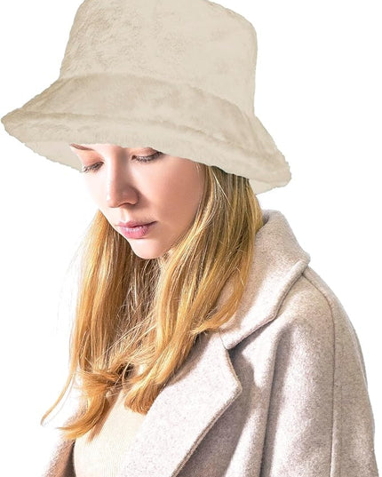 Women Plush Fluffy Bucket Hat Warm Lining Winter Faux Fur Cozy Wide Brim Winter