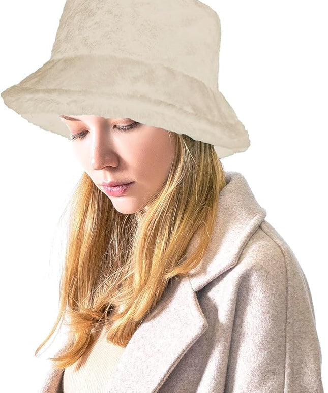Women Plush Fluffy Bucket Hat Warm Lining Winter Faux Fur Cozy Wide Brim Winter
